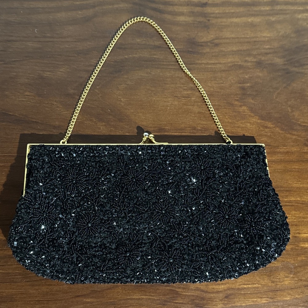 Vintage Handmade in Hong Kong Black Beaded Evening Purse Bag Clutch-satin lining